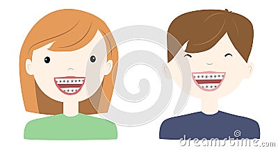 Smiling kids with dental treatment. Cute cartoon boy and girl with teeth braces Vector Illustration