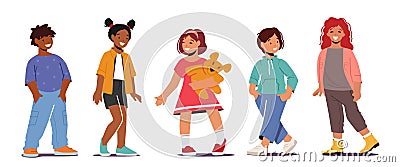 Smiling Kids, Multiracial Boys and Girls Toddlers Characters Wear Fashionable Clothes. Children Smile, Positive Emotions Vector Illustration