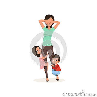 Smiling kids want to play with their tired mother, parenting stress concept, relationship between children and parents Vector Illustration