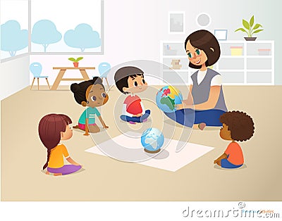 Smiling kindergarten teacher shows globe to children sitting in circle during geography lesson. Preschool activities Vector Illustration