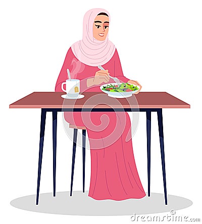 Smiling lady eating healthy salad semi flat RGB color vector illustration Vector Illustration