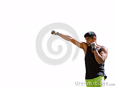 smiling latin male boxer throwing a punch on a white background Stock Photo