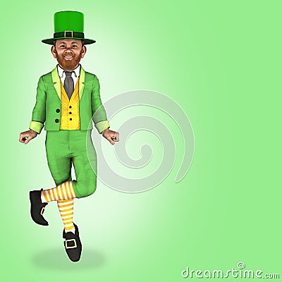 Smiling Leprechaun, wearing a green hat and costume, doing an Irish style dance Stock Photo