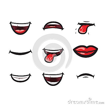 Smiling lips, mouth with tongue, white toothed smile and sad expression mouth and lips vector icon. Lips and mouth Vector Illustration