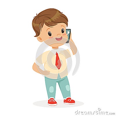 Smiling little boy standing and talking on smartphone. Child and modern technology colorful cartoon character vector Vector Illustration