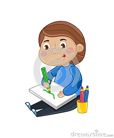 Smiling little girl draws in album Cartoon Illustration