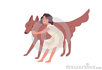 Smiling little girl hugging and petting cute dog isolated on white background. Concept of love and friendship between Vector Illustration