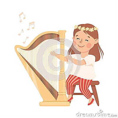 Smiling Little Girl Sitting on Chair and Playing Harp Musical Instrument Performing on Stage Vector Illustration Vector Illustration