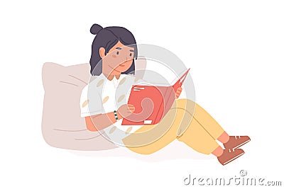 Smiling little girl sitting with open book or textbook. Kid reading children's literature at home. Smart child learning Vector Illustration