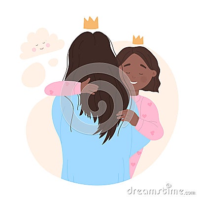 Smiling little girl warm hugging her loving mother Vector Illustration