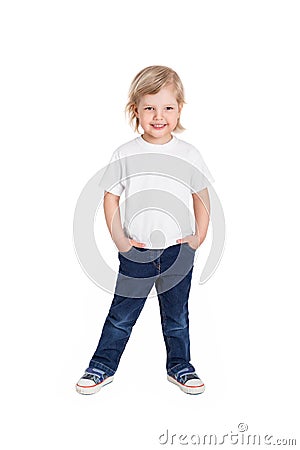 Smiling little girl in white t-shirt isolated on a white Stock Photo