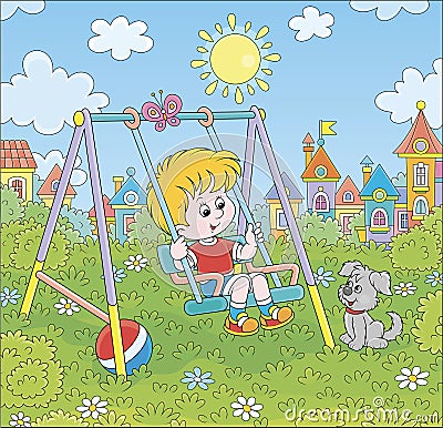 Small boy on a toy swing on a playground Vector Illustration