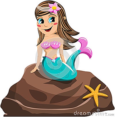 Smiling Little Mermaid Rock Sea Star Isolated Vector Illustration