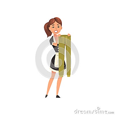 Smiling maid hanging wet breeches out to dry, housemaid character wearing classic uniform with black dress and white Vector Illustration