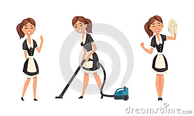 Smiling Maid or Housemaid in Black Dress and White Apron Vacuum Cleaning and Swiping Vector Set Vector Illustration