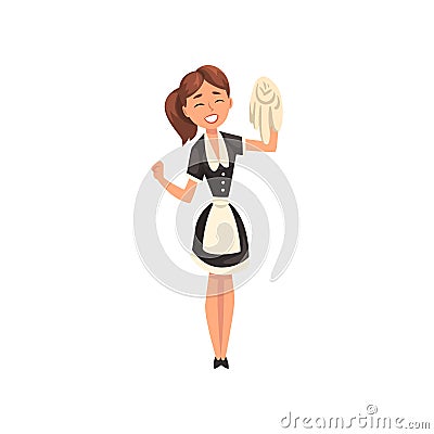 Smiling maid with rug, housemaid character wearing classic uniform with black dress and white apron, cleaning service Vector Illustration