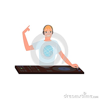 Smiling disk jockey with headphones mixing tracks at turntable on white background Vector Illustration