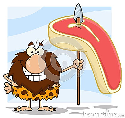 Smiling Male Caveman Hunter Cartoon Mascot Character Holding A Spear With Big Raw Steak Vector Illustration