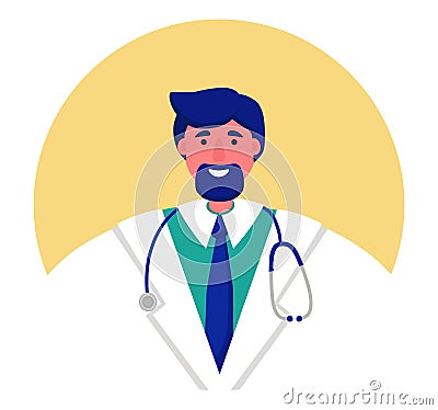 Smiling male doctor with blue hair, beard, stethoscope, white coat, green scrubs. Medical professional, happy healthcare Vector Illustration