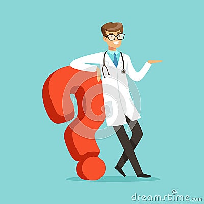 Smiling male doctor character standing and leaning against the big question mark character vector Illustration Vector Illustration