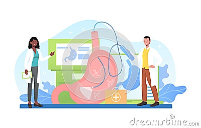 Smiling male and female doctors performing gastroscopy procedure together Vector Illustration