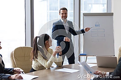 Smiling male mentor give flipchart presentation to employees Stock Photo