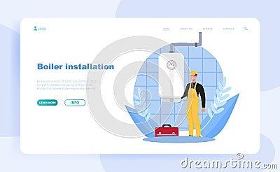 Smiling male plumber in overall is installing water heater or boiler Vector Illustration