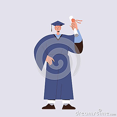 Smiling male student dressed in highschool robe proud of having diploma degree certificate Vector Illustration