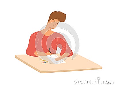 Smiling male student sitting at desk writing school test vector flat illustration. Colorful happy guy at college Vector Illustration