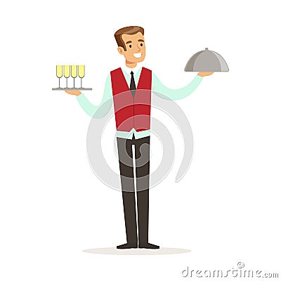 Smiling male waiter character holding tray with champagne and silver cloche, hotel service vector Illustration Vector Illustration