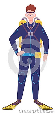 Smiling man with aqualung. Happy extreme swimming person Vector Illustration