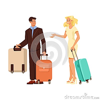 Smiling Man Bellman or Porter Carrying Luggage Helping Woman Customer Vector Illustration Stock Photo