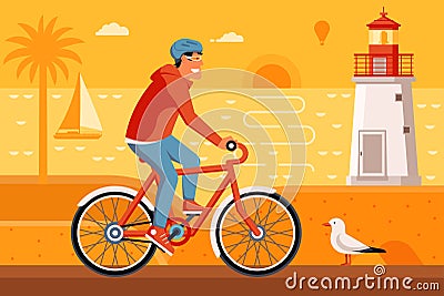 Man Riding Bicycle on Summer Beach Vector Illustration