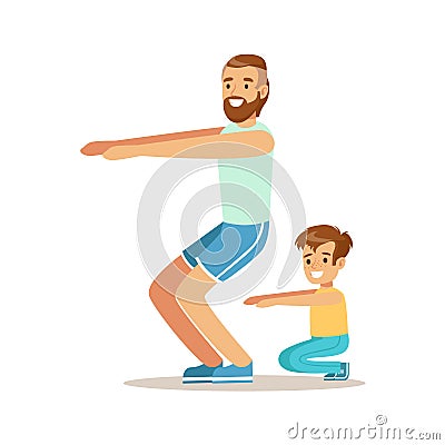 Smiling man and boy squatting, dad and son having good time together colorful characters vector Illustration Vector Illustration