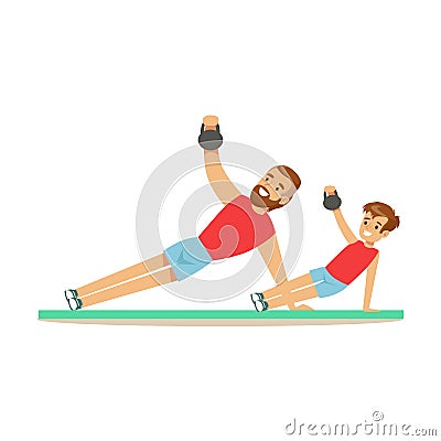 Smiling man and boy training with kettlebell, dad and son having good time together colorful characters Vector Illustration