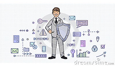 Smiling man in business suit with a shield among digital and internet security symbols. Personal data protection. GDPR Vector Illustration