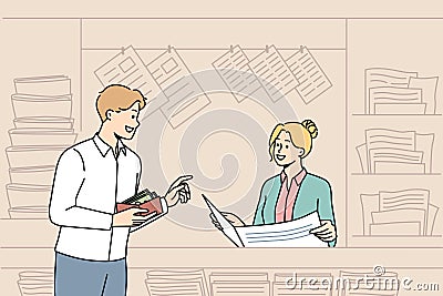 Smiling man buy newspaper in outdoor kiosk Vector Illustration