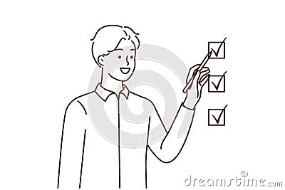 Smiling man check boxes accomplish tasks Vector Illustration