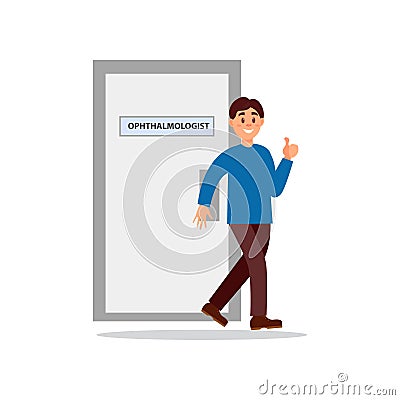 Smiling man coming out from office of ophthalmologist and showing thumb. Happy patient. Medical treatment and healthcare Vector Illustration