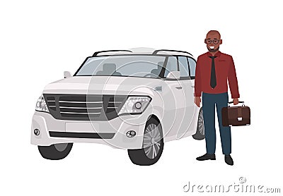 Smiling man dressed in business clothes and holding briefcase standing beside luxury car. Successful businessman and his Vector Illustration