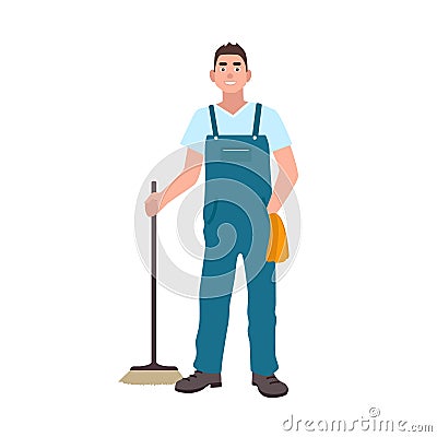 Smiling man dressed in dungarees holding scrubber isolated on white background. Male cleaning service worker with floor Vector Illustration