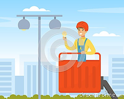 Smiling Man Electrician in Overall Changing Light Bulbs in Street Lamp Vector Illustration Vector Illustration