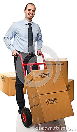 Smiling man with handtruck Stock Photo