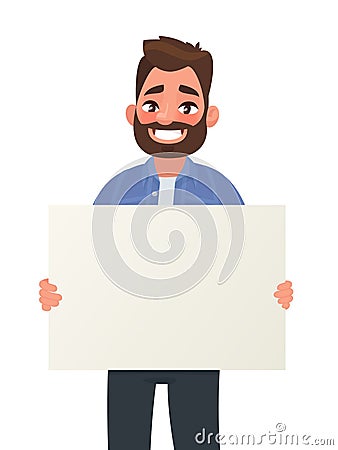 Smiling man is holding a blank poster. Placard for advertising. Vector illustration Cartoon Illustration