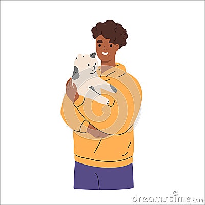 Smiling man holding cute cat in hands. Happy guy and adorable kitty Vector Illustration