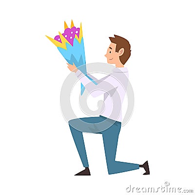 Smiling Man Kneeling Down with Bouquet of Flowers, Guy Making Marriage Proposal Vector Illustration Vector Illustration