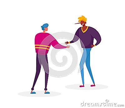 Smiling Man with Long Nose of Liar Stretching Hand to Colleague. Dishonest Hypocrite Person Telling Lie and Cheating Vector Illustration