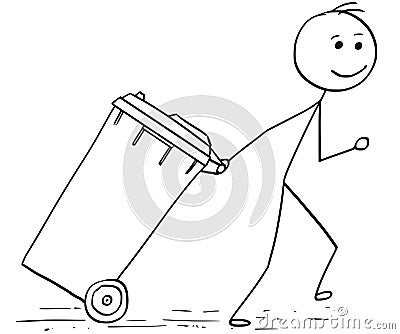 Smiling Man Pulling Wheelie Bin Vector Illustration