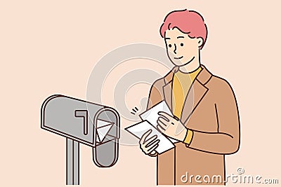 Smiling man put letters in letterbox Vector Illustration