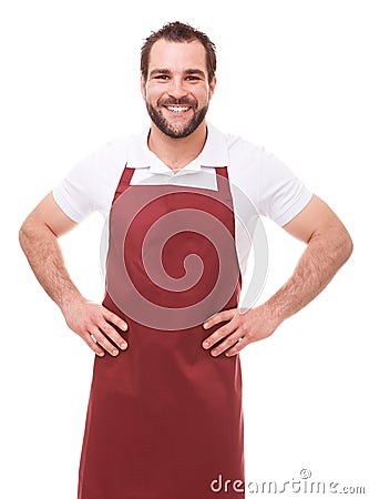 Smiling man with red apron Stock Photo